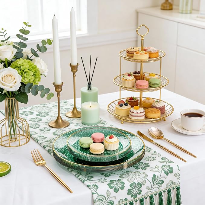 Rubtlamp 100 Clear Green Gold Plastic Plates, Hammered Clear and Gold Disposable Plates Include 50 Dessert Platos, 50 Dinner Platos for Party