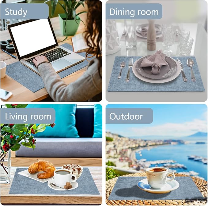 JUCCWARM Faux Leather Placemats Set of 6,Heat Resistant Placemats for Dining Table, Easy Clean Non-Slip Place Mats, Waterproof Stain Resistant Wipeable Washable PU Table Mats, (Blue)