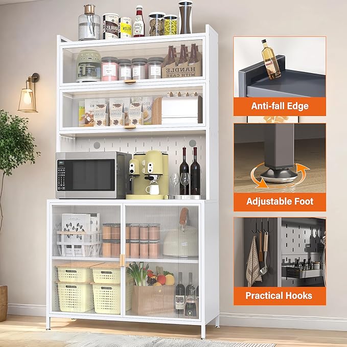 Ball & Cast 73?쿛antry Cabinet,Versatile Metal Storage Cabinet with Microwave Shelf,Pegboard Spacious, Adjustable Shelves Moden Kitchen Cabinet w/Anti-Tipping Safety for Kitchen,Dining Room,White