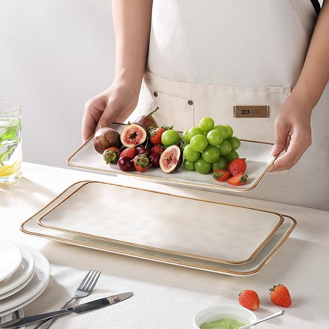 Ceramic Rectangle Serving Platter with Brown Rim: 15.6/14.1/12.6 Inch Large Serving Dishes for Entertaining Party, Turkey, Cheese, Sushi, Snack and Dessert, Microwave Dishwasher Safe