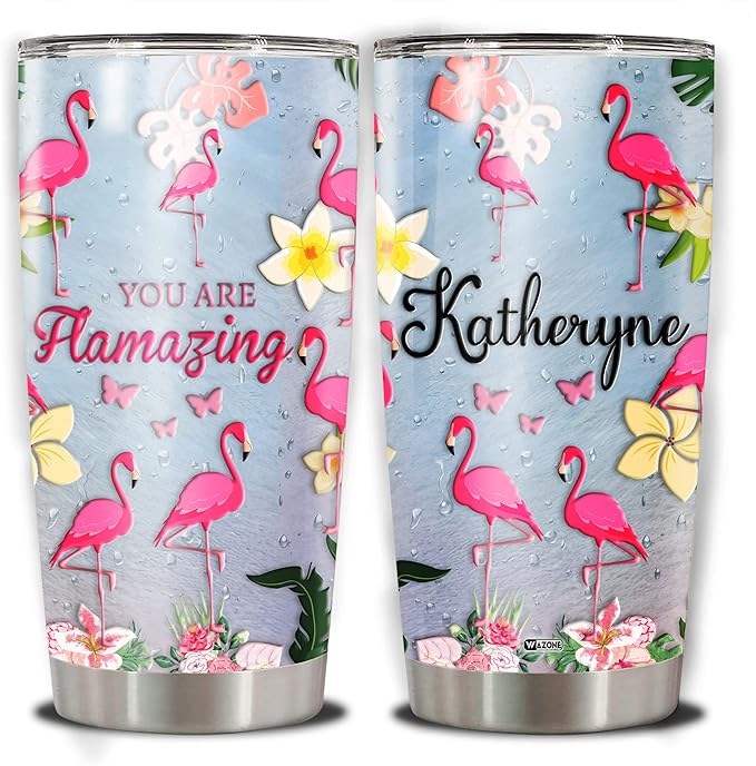 WAZONE Personalized Flamingo Tumbler 20oz 30oz Customized Name Stainless Steel Double Wall Vacuum Insulated Water Cup Travel Mug Gifts Birthday Christmas Mothers Day For Women Girls