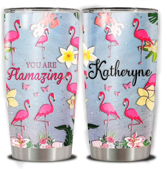 WAZONE Personalized Flamingo Tumbler 20oz 30oz Customized Name Stainless Steel Double Wall Vacuum Insulated Water Cup Travel Mug Gifts Birthday Christmas Mothers Day For Women Girls