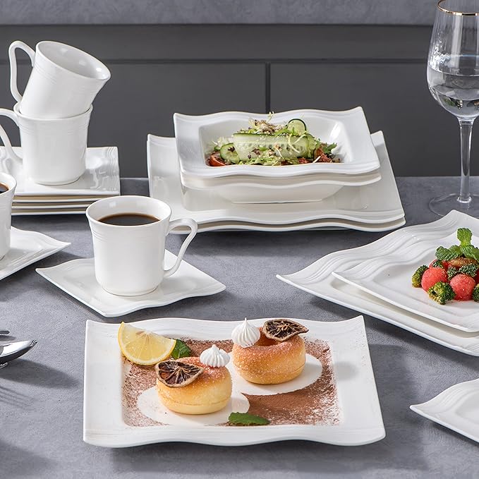 MALACASA 30 Pieces Dinnerware Sets, Modern Ivory White Plates and Bowls Sets for 6, Porcelain Dish Set with Dinner Plate, Dessert Plate, Soup Plate, Cup and Saucer, Square Dishware Set, Series Mario