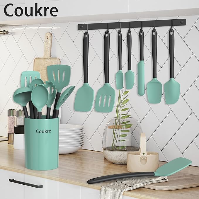Coukre Silicone Kitchen Cooking Utensils Set with Holder ??Heat-Resistant, Food-Grade Kitchen Tools, Spatula, Spoon & Gadgets for Non-Stick Pans, Dishwasher Safe (14, AquaGreen)