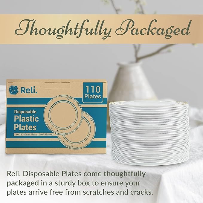 Reli. Disposable Plastic Plates, White & Gold Rim (110 Pcs, 10.25") | Hard Plastic Dinner Plate | Elegant, Heavy Duty Disposable Round Platters for Party, Wedding, Event, Christmas (Gold Trim)