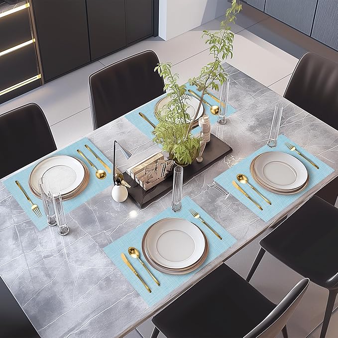 Blue Placemats Set of 8 Durable Heat Resistant Non-Slip Washable Place Mats PVC Vinyl Woven Table Mats for Dining Table 12 x 17 Inch