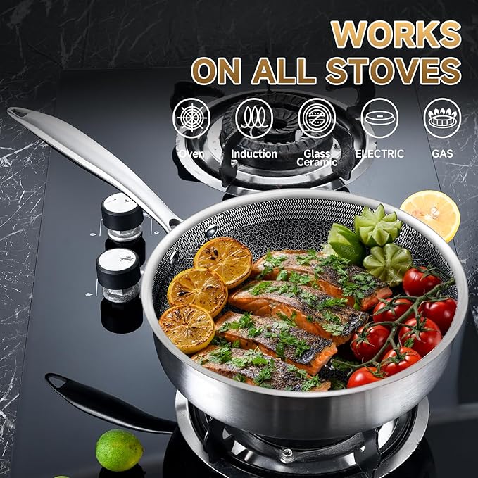 LOLYKITCH 3 Quarts Hybrid Stainless Steel Nonstick Saut챕 Pan,Skillet,10 Inch Induction Deep Frying Pan,Dishwasher and Oven Safe,Riveted Handle.