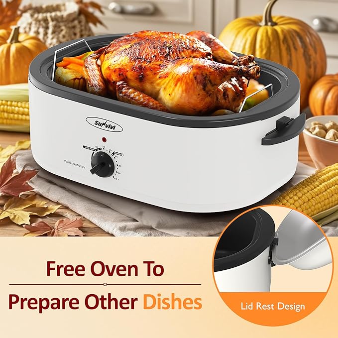 Sunvivi 18-Quart Roaster Oven with Self-Basting Lid, Electric Turkey Roaster Oven with Removable Pan and Rack, Stainless Steel, White