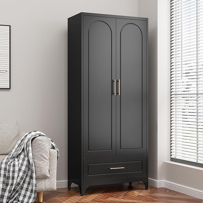 75??Kitchen Pantry Storage Cabinet,Metal Tall Storage Cabinet with Drawers and Adjustable Shelves,Modern Kitchen Hutch Cabinets,Freestanding Cupboard for Dining Room
