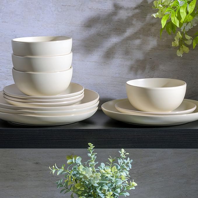 Gibson Home Rockaway 12-Piece Round Stoneware Dinnerware Set, Service for 4 ??Cream Plates and Bowls, Modern Matte Finish, Microwave & Dishwasher Safe