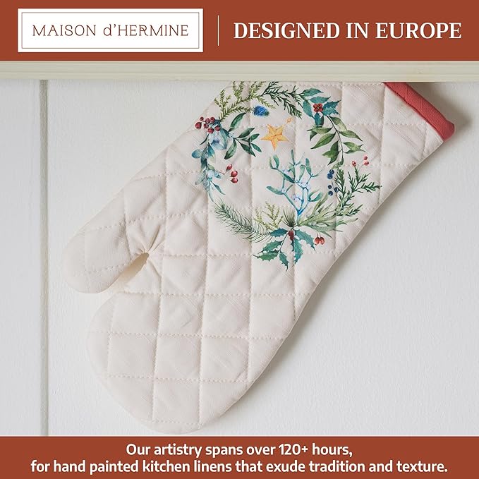 Maison d' Hermine Oven Gloves 100% Cotton Oven Mitt 7" x 13" with Loop Heat Resistant BBQ Cooking Gloves for Thanksgiving Christmas Decorations Baking Handling Hot Pans (Pack of 1, Holly Time)