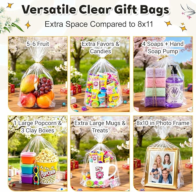 PigPotParty Cellophane Bags 12"x16", 100 Pack Clear Gift Bags, Bottom Gusset for Stand-Up Display, Medium Plastic Cellophane Gift Wrap, Ideal for Large Goodies, Treats, Favors, Mugs, Includes 100 Ties