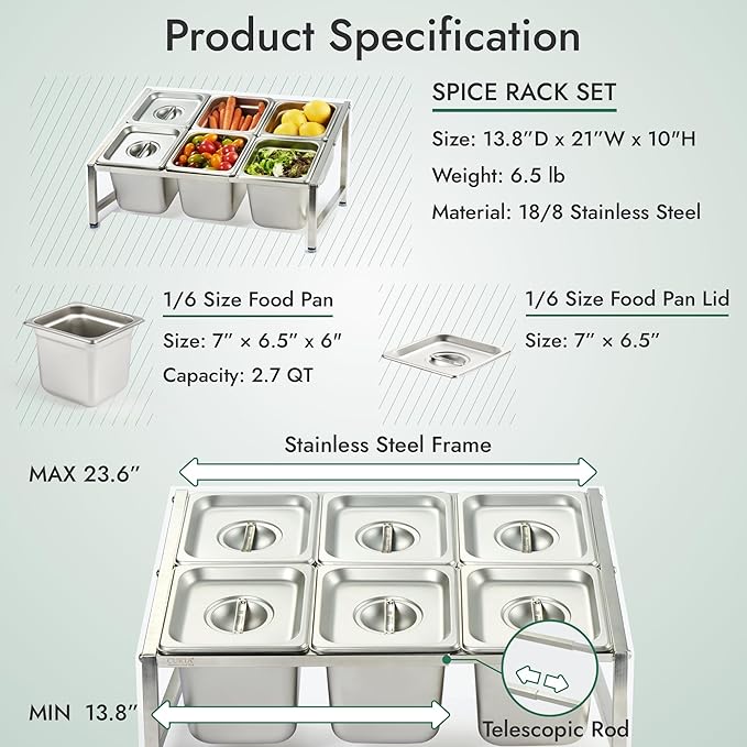 CURTA Expandable 18/8 Stainless Steel Spice Rack Set, NSF Certified, 2-Tier Inclined Organizer Shelf with 6 1/6 6" Pan&Lid, 13.8"-23.6" Adjustable, Countertop Holder for Seasoning Ingredients