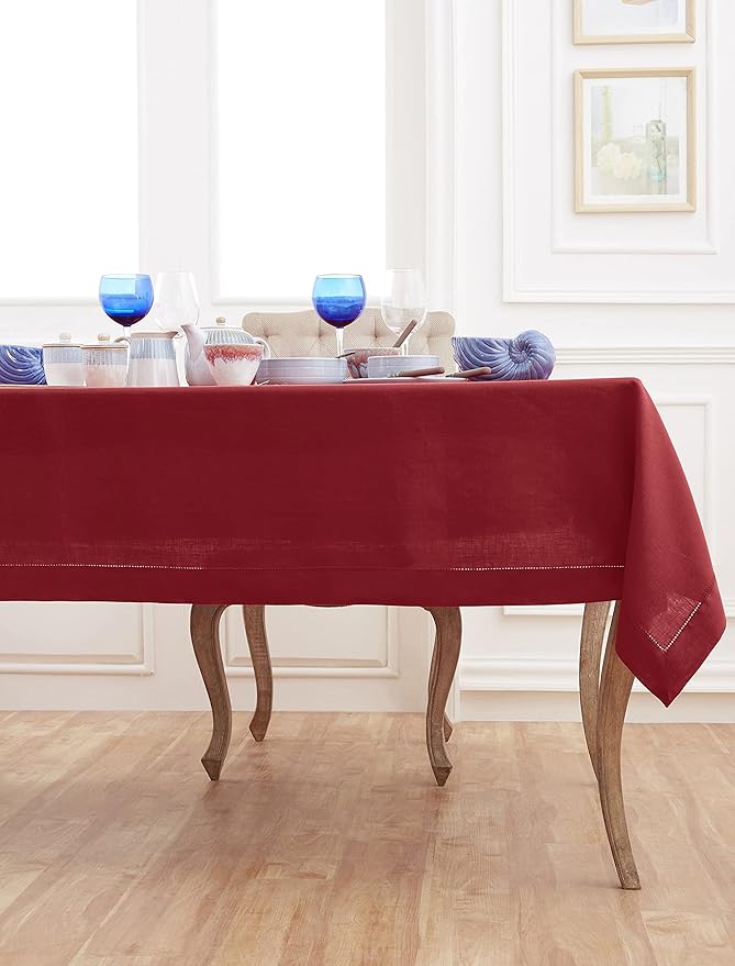 Solino Home Red Linen Tablecloth 60 x 132 Inch - 100% Pure Linen Hemstitch Table Cloth for Rectangle Tables - Classic Hemstitch, Machine Washable Tablecloth for Valentines, Winter