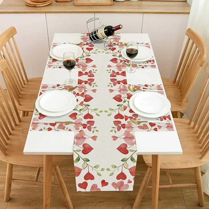 Valentines Day Table Runner 13x48 Inch, Floral Love Hearts Valentine Table Runner, Anniversary Home Kitchen Dining Table Holiday Party Decorations