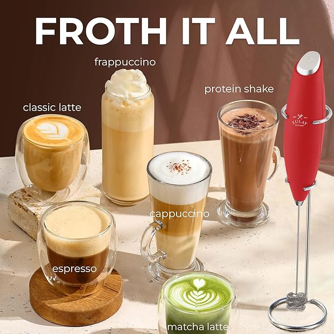 Zulay Kitchen Patented Tornado Triple Whisk Milk Frother with 4 Duracell Batteries ??Handheld Foam Maker for Coffee, Lattes, Matcha & Hot Chocolate ??Rich, Creamy Froth in Seconds