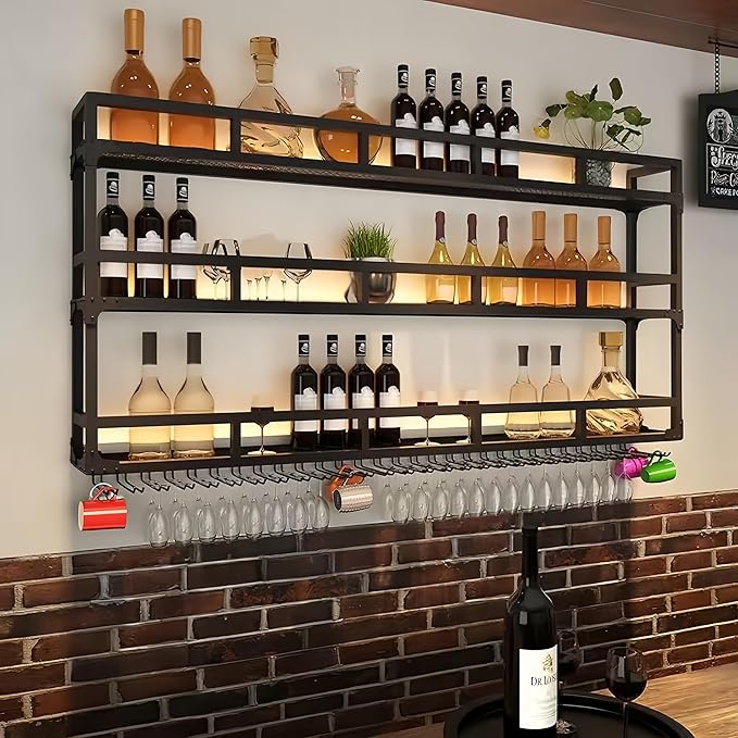 71 Inch Metal Wine Rack Wall Mounted, Bar Shelves Wall Mounted with LED Light, Large 3-Tier Liquor Bar Display Shelf with Wine Glasses for Home Bars, Dining Room & Kitchen, Black