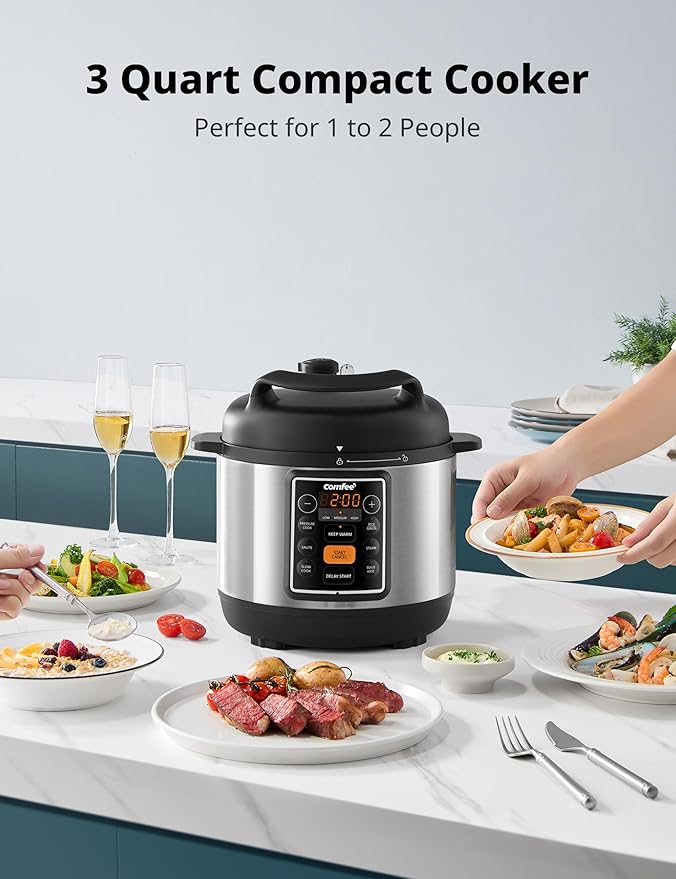 COMFEE??7-in-1 Small Electric Pressure Cooker, Slow Cooker, Steamer, Saut챕, Sous Vide, Warmer, Multi Cooker with Natural Ceramic Coated Non-Stick Pot, 3 Quarts