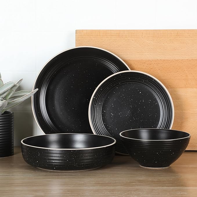 Gibson Home Dinah 16-Piece Matte Black Stoneware Dinnerware Set ??Double Bowl, Embossed Speckled Design, Durable Kitchen Dinner Set
