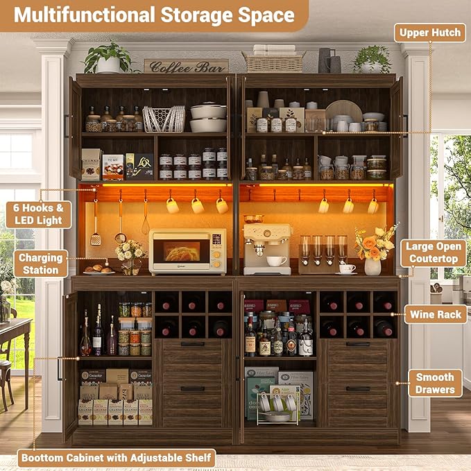 Unikito 72" Tall Kitchen Pantry Cabinet with LED Light & Outlet, 63" Wide Kitchen Hutch Bar with Microwave Stand, Drawers, Wine Racks and Storage Shelves, Cupboard for Dining Room, Weathered Brown