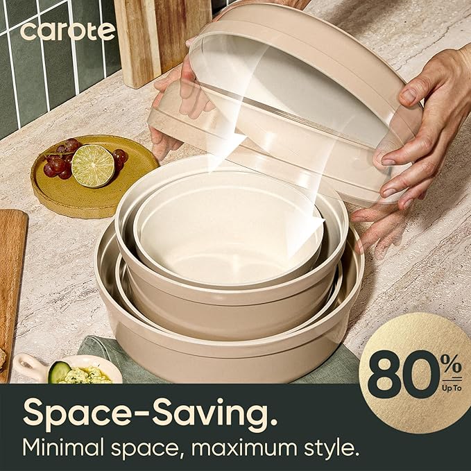 CAROTE 19 Pcs Ceramic Cookware Set Titanium Nonstick with Detachable Handles, Non Toxic Cookware, Pots and Pans Set Non Stick Removable Handles, Induction Available, Kitchen Cooking, Dishwasher Safe