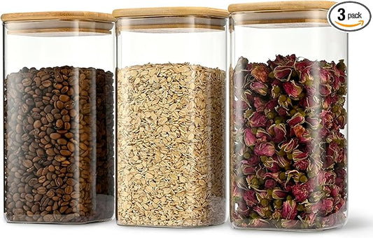 52oz Airtight Glass Square Storage Canister with Bamboo Lid Set of 3 (1550ml) Container Stackable Spice Jar, Kitchen Canister for Flour, Cookies, Cereal and Coffee beans (?럚ith Black Lable)