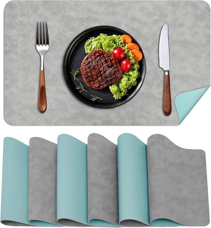 BLESWIN Faux Leather Placemats, PU Dining Table, Waterproof and Oil Resistant Easy to Clean, Heat Resistant Reversible Use Table Mats for Kitchen, Dining Table, Outdoor ??12 횞 17 Inch, Light Grey&Blue