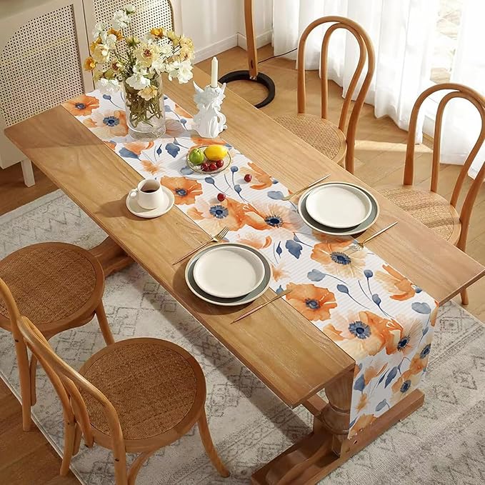 ZCHOMI Orange Floral Fall Table Runner 13x72 Inch Poppy Flower Seasonal Autumn Kitchen Dinning Table Decoration for Indoor Outdoor Home Party Decor