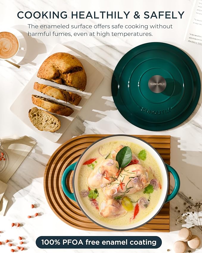 Enameled Cast Iron Dutch Oven - 6QT Pot with Lid & Cotton Potholders - Heavy-Duty Cookware for Braising, Stews, Roasting, Bread Baking, Oven Safe up to 500째F & Across All Stovetops, Bottle Green