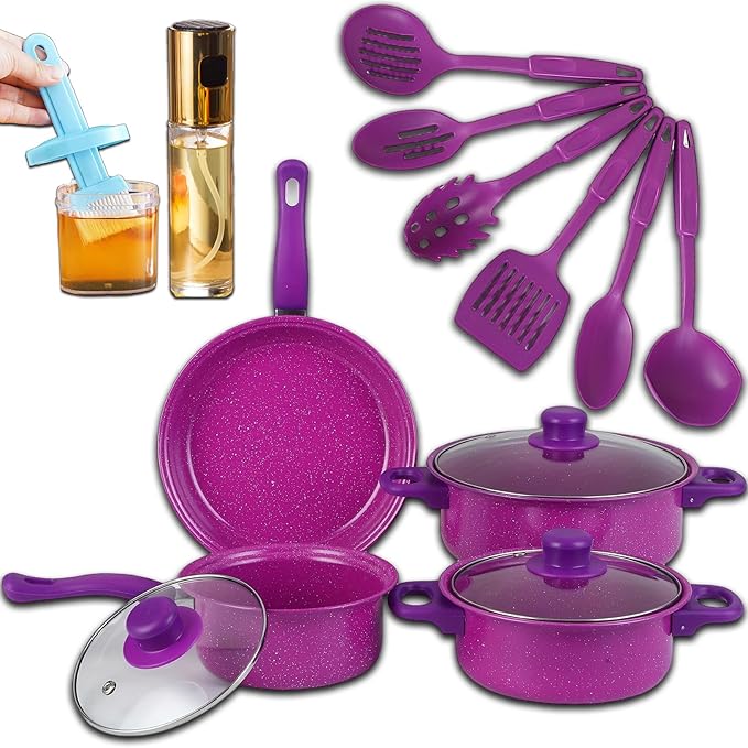7-Piece Non-Stick Aluminum Cookware Set - Pots and Pans, Pot & Pan Sets Nonstick with Lids for Frying, Boiling, Stewing & Sauteing (Purple)