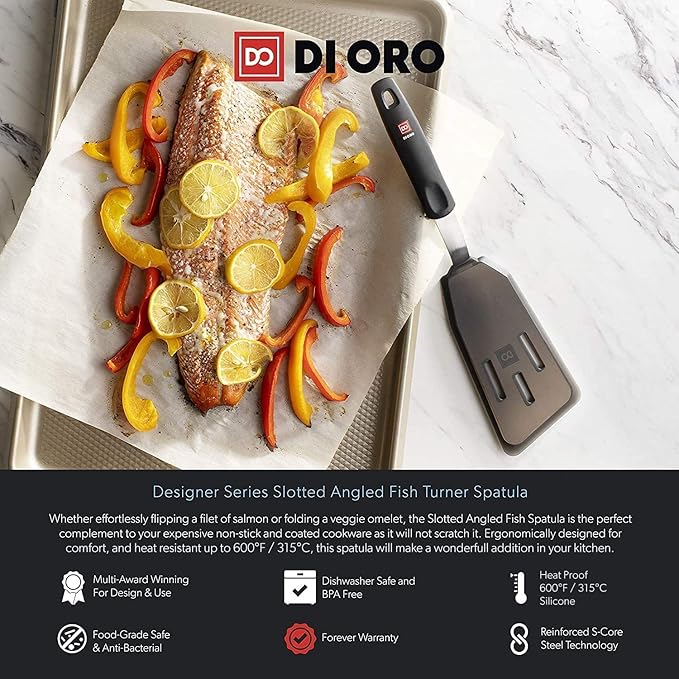DI ORO Silicone Fish Spatula - for Nonstick Cookware - Fish Turner Spatula 600째F Heat-Resistant BPA Free - Slotted for Cooking - Non Stick Thin Egg Flipper (Black)