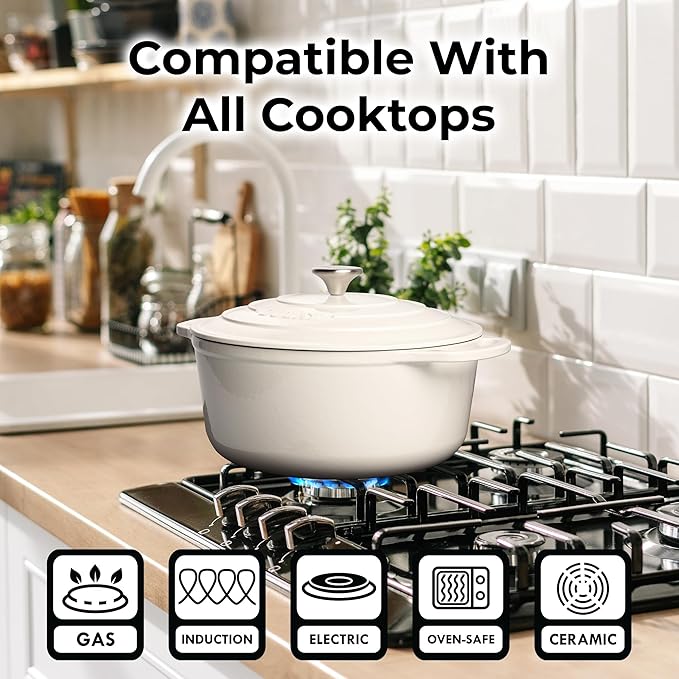 Zulay Kitchen 5 Quart Enameled Cast Iron Dutch Oven Pot with Lid ??Premium Durability & Oven Safe up to 500째F ??Heavy Duty Cookware Perfect for Bread Baking, Stews, Braising & Roasting ??White