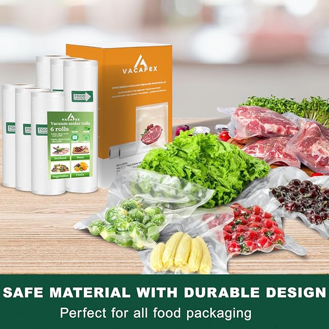 Vacuum Sealer Bags Rolls for Food, VACAPEX 6 Rolls for Custom Fit Food Storage, Meal Prep or Sous Vide, 8" x 20' (3 Rolls) and 11"x 20' (3 Rolls) Commercial Grade Vacuum Seal Freezer Bags Rolls