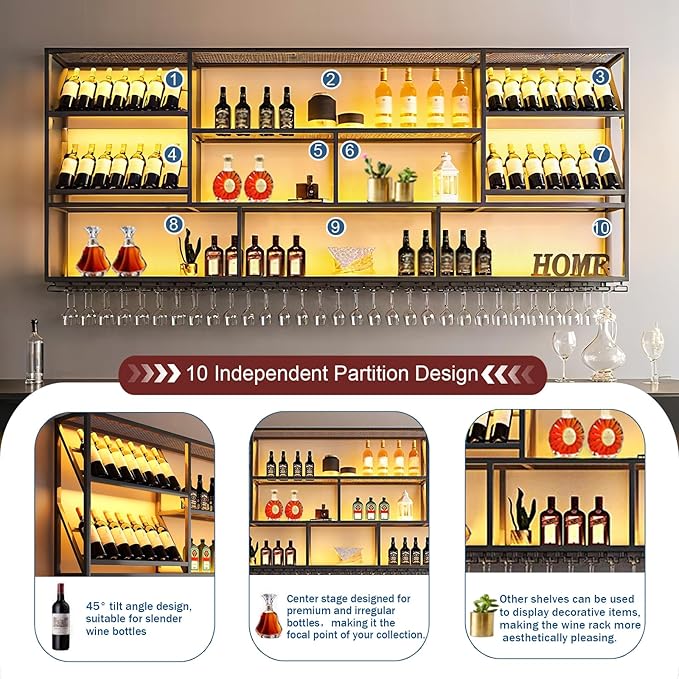3 Tier Large Wine Rack Wall Mounted, Modern Industrial Liquor Bottle Display Shelves, Metal Bar Shelf with Wine Glass Rack, Black, for Home Kitchen, Dining and Bar