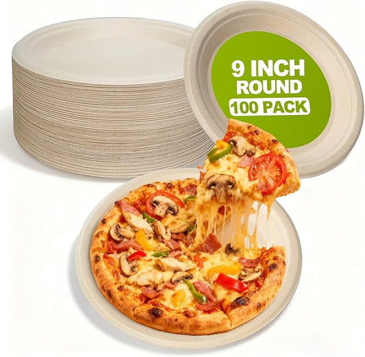 W&Y 100 Pack 9 Inch Paper Plates, Heavy-Duty Dinner Plates, Cut Resistant & 100% Compostable Disposable Paper Plate,Leak Proof & Microwave Safe for Parties, Weddings, Catering Events