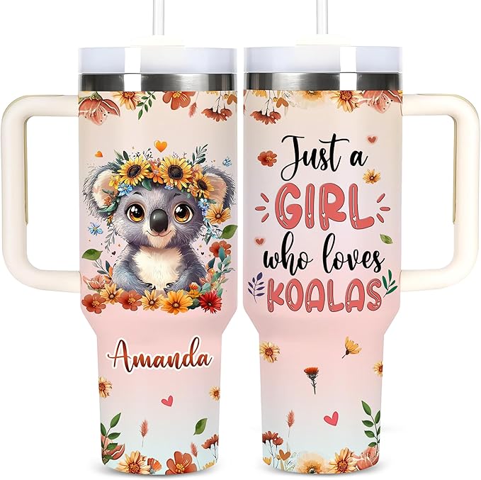 AGGLOMEKC Personalized Cute Koala Cup - Mother's Day Birthday Gift For Animal Lovers - Just A Girl Who Loves Koala Tumbler 40oz With Custom Name - Pet Lover Gifts For Women, Her