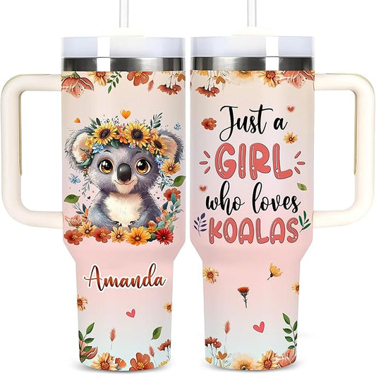 AGGLOMEKC Personalized Cute Koala Cup - Mother's Day Birthday Gift For Animal Lovers - Just A Girl Who Loves Koala Tumbler 40oz With Custom Name - Pet Lover Gifts For Women, Her
