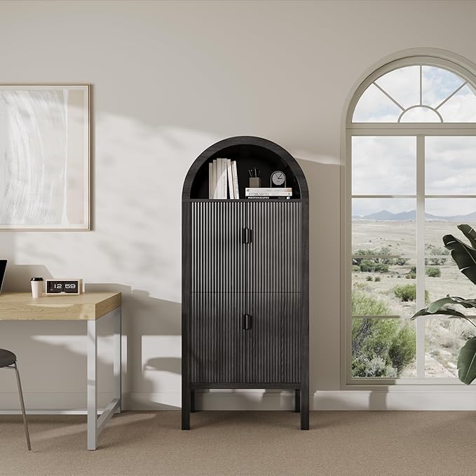 71" Tall Arched Fluted Storage Cabinet - Modern Pantry Cabinet with 4-Tier Shelves, Open Display & Sealed Storage, Accent Sideboard for Living Room Kitchen Dining Room (Dark Gray)