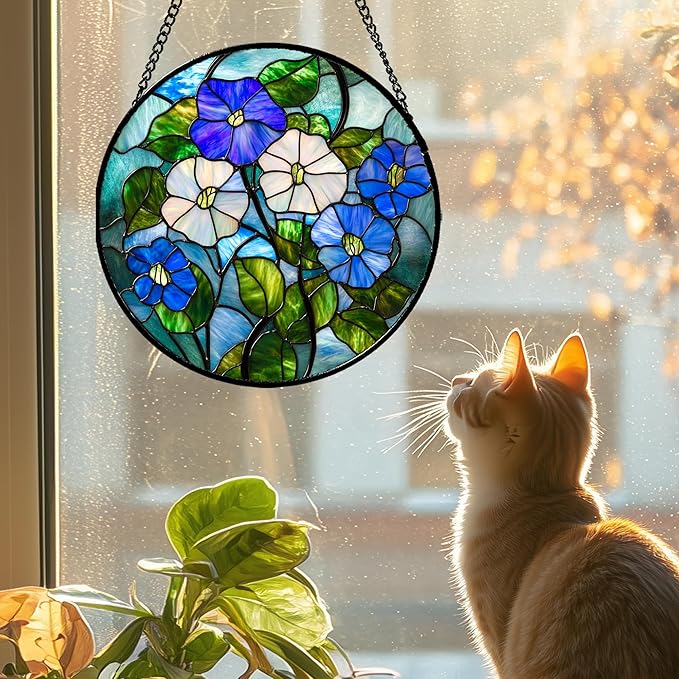 Stained Glass Window Hanging - Blue White Morning Glory Birth Flower Suncatcher for Door Garden Yard Sun Catchers Decor Christmas Mother's Day Birthday Gifts for Women Mom Nana Friend 15 in