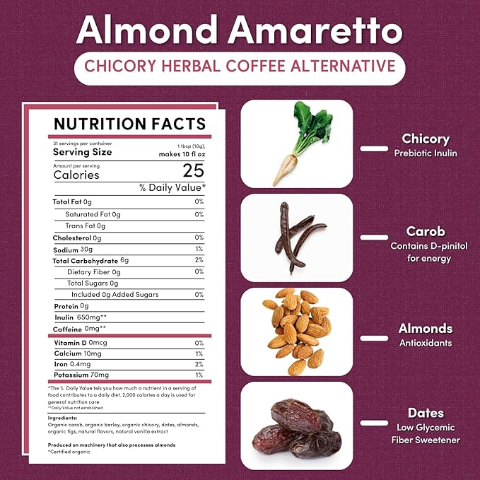 Teeccino Almond Amaretto Chicory Coffee Alternative - Ground Herbal Coffee That?™s Prebiotic, Caffeine Free & Acid Free, Medium Roast, 11 Ounce (Pack of 3)