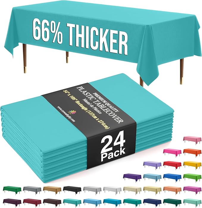 Exquisite 66% Thicker Premium Plastic Table Cloth Rectangle Table Cover 0.5 Mil 24 Pack Aqua Table Cloth 54 Inch x 108 Inch Disposable Tablecloth Won't Tear Easily Like Cheap Thin Brands