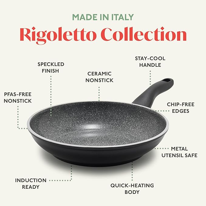 Rigoletto 8??Nonstick Frying Pan Skillet, Made in Italy, Layered Ceramic PFAS-Free Surface, Induction Ready, Dishwasher & Metal Utensil Safe, Granite Finish, Stay-Cool Handle, Black