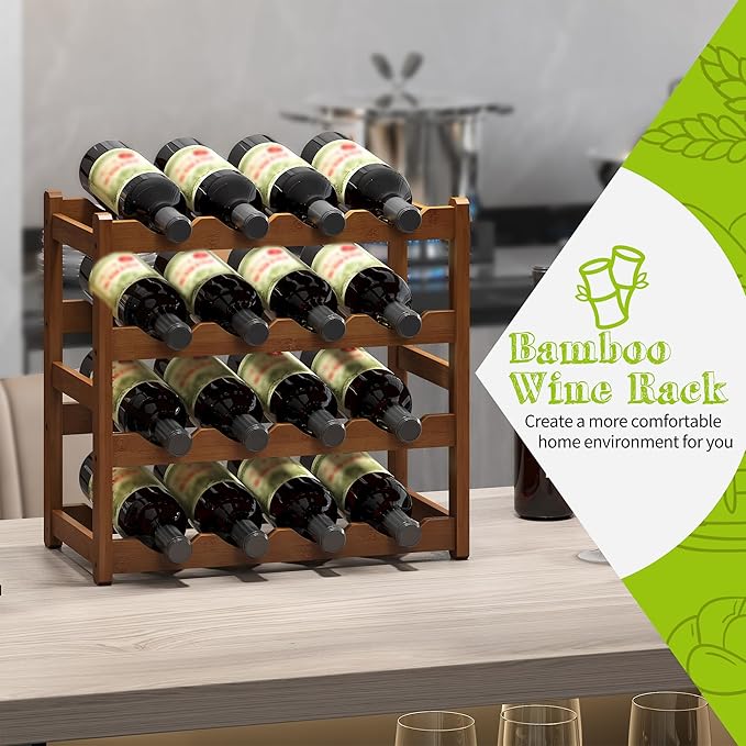 BMOSU Bamboo Wine Rack Wine Storage Cabinet Shelf 16 Bottle Wine Racks Countertop Sturdy for Kitchen Dining Room Pantry - 4 Tiers Wine Rack(Brown)