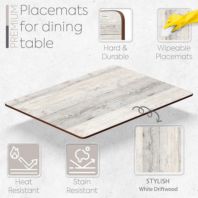 Moderry Set of 4 Heat Resistant Cork Placemats for Dining Table with Free Set of 4 Matching Drink Coasters Cork Wood Design Print 16 x 12 Inches Cork Backed Hard Placemats (White Driftwood)