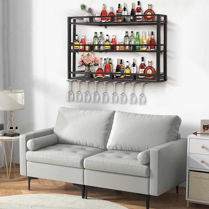 59 Inch Metal Wine Rack Wall Mounted, Bar Shelves for Liquor Bottles with LED Light, 3 Tier Large Capacity Liquor Rack Wall Mounted with Glass Holder for Home Bar & Dining Room, Black
