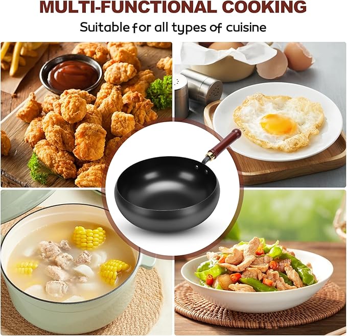 Gugxiom Suntuup Japanese Iron Pan, 28cm Cast Iron Wok, with Spatula, 2 Covers to Choose From, for Pots On Electric Stoves/Induction Cookers/Gas Stoves (Glass lid)