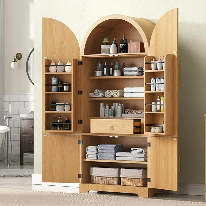 72" Tall Arched Kitchen Pantry, Modern Fluted Wood Storage Cabinet with 3 Adjustable Shelves and Hidden Drawer, Versatile Cupboard for Dining Room, Living Room, Bathroom, Natural