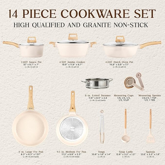 Bakken-Swiss 14-Piece Kitchen Cookware Set ??Granite Non-Stick ??Eco-Friendly ??PFOA, PFOS, and PTFE Free for All Stoves & Oven-Safe,