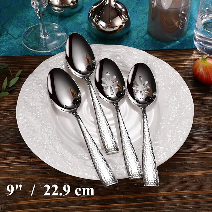KEAWELL Premium Louis Hammered Serving Utensils, 18/10 Stainless Steel, Squared Edge Design, Mirror Finish, Dishwasher Safe (Serving Spoons and Slotted Spoons)