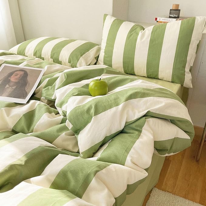 LifeTB Striped Comforter Set King Green White Stripes Pattern Printed Comforter Soft Fluffy Lightweight Bedding Set for All Seasons Reversible 3 Pieces Farmhouse Stripe Comforter with 2 Pillowcases